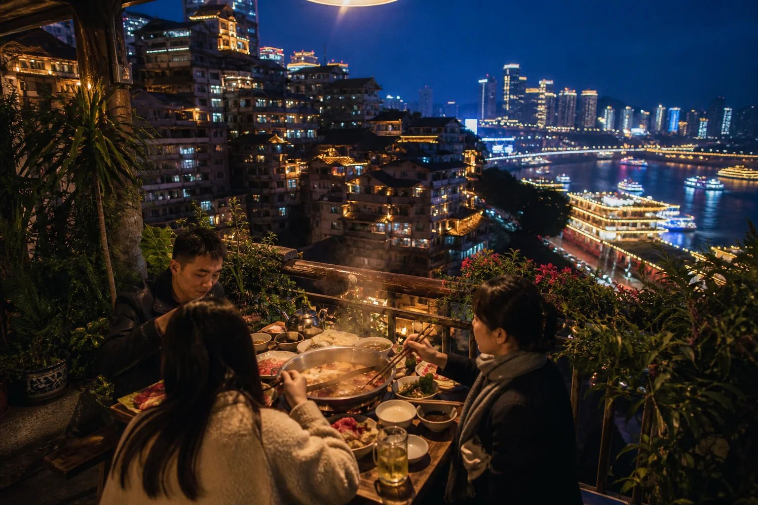 Sichuan hotpot dinner with Chongqing city lights at night