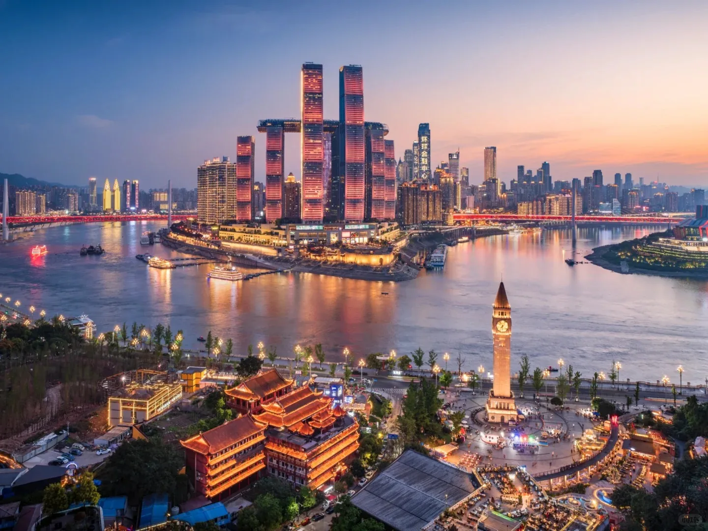 Chongqing city lights and Hongya Cave at night